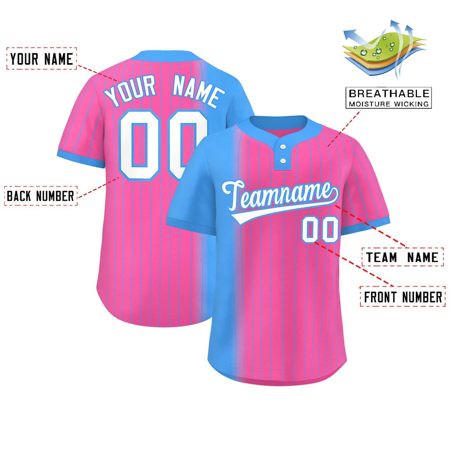 Custom Powder Blue Pink Gradient Stripe Fashion Authentic Two-Button Softball Jersey Limited