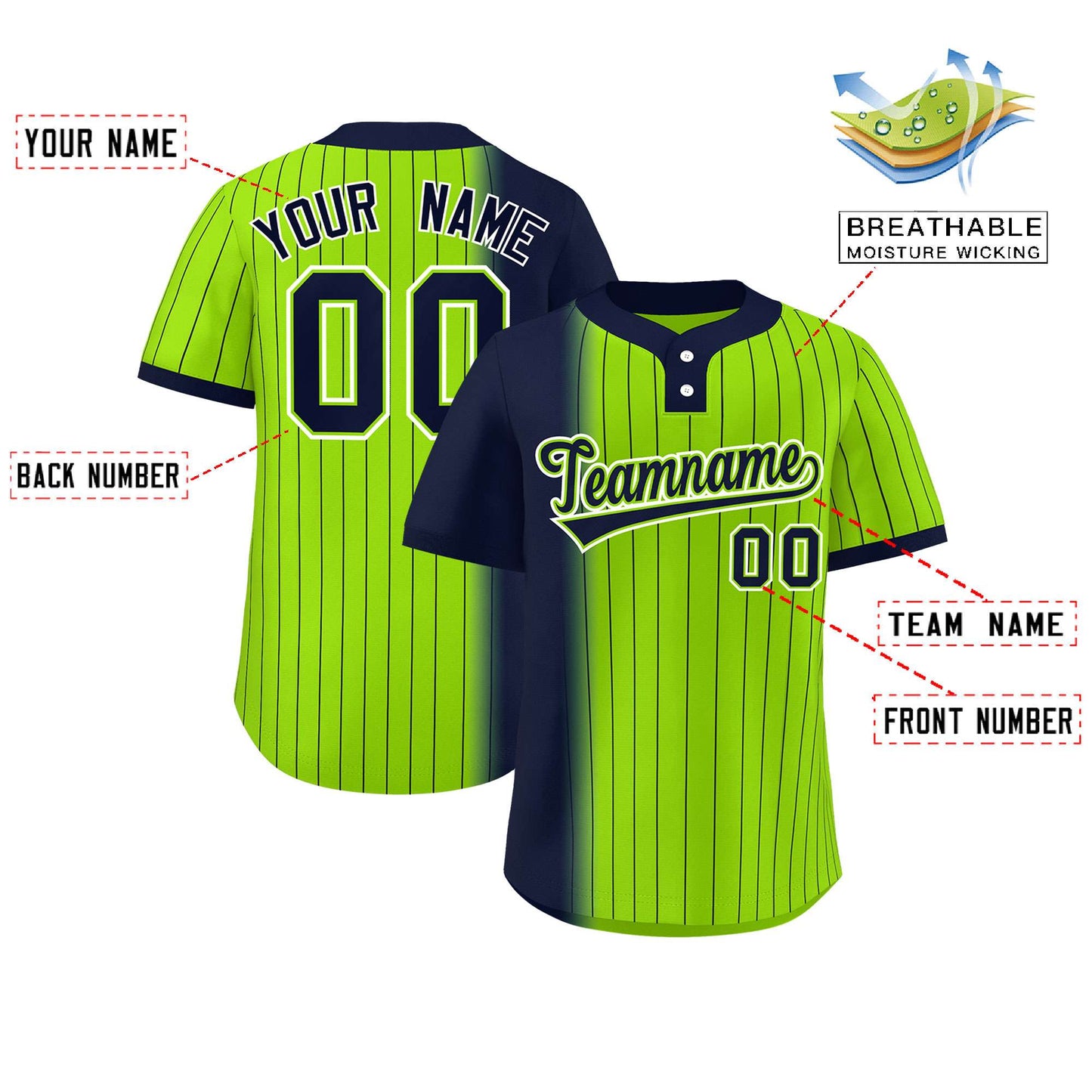 Custom Navy Neon Green Gradient Stripe Fashion Authentic Two-Button Softball Jersey Limited