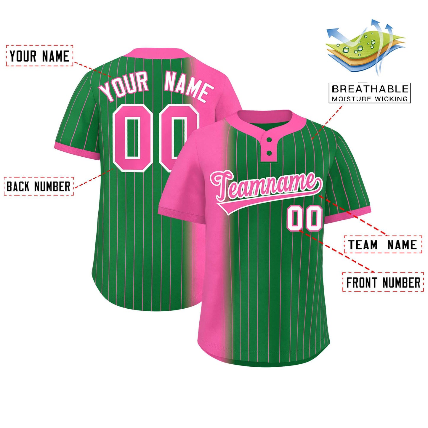 Custom Pink Kelly Green Gradient Stripe Fashion Authentic Two-Button Softball Jersey Limited