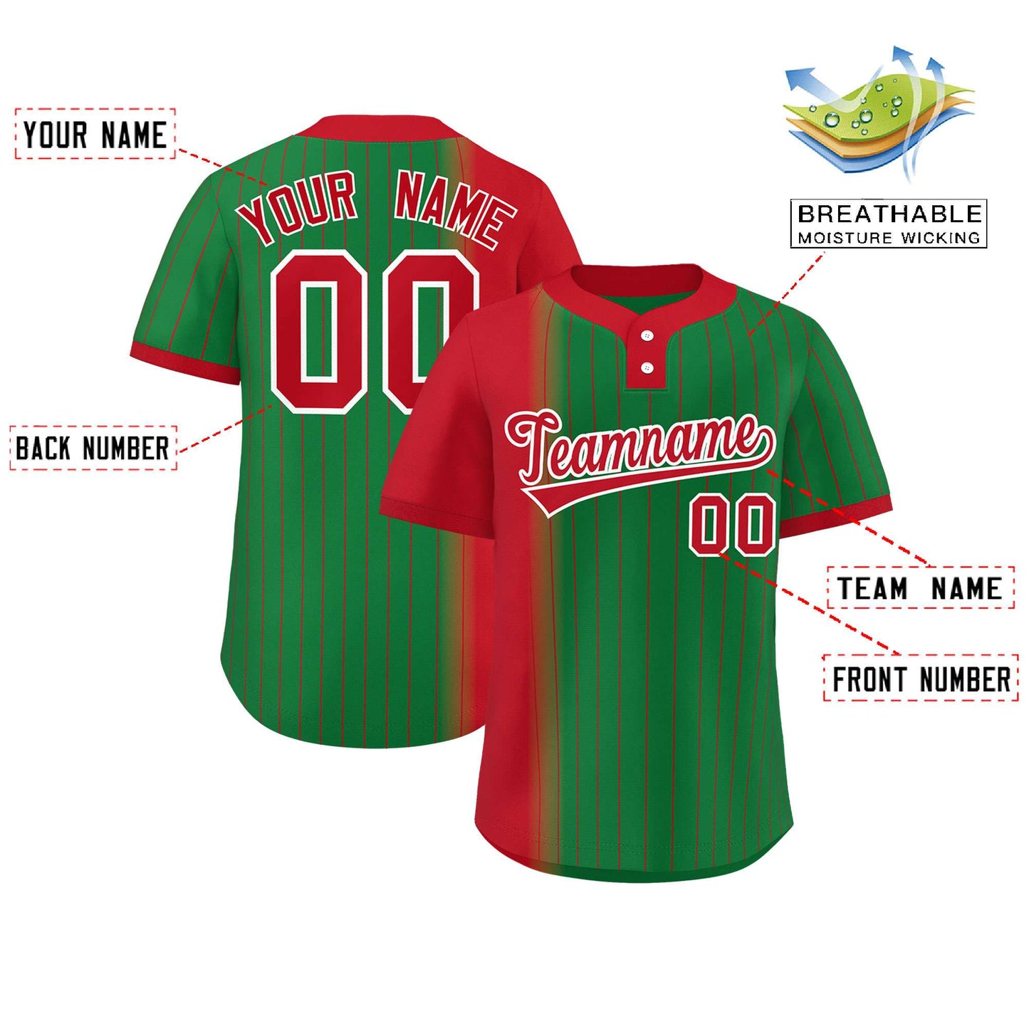 Custom Red Kelly Green Gradient Stripe Fashion Authentic Two-Button Softball Jersey Limited