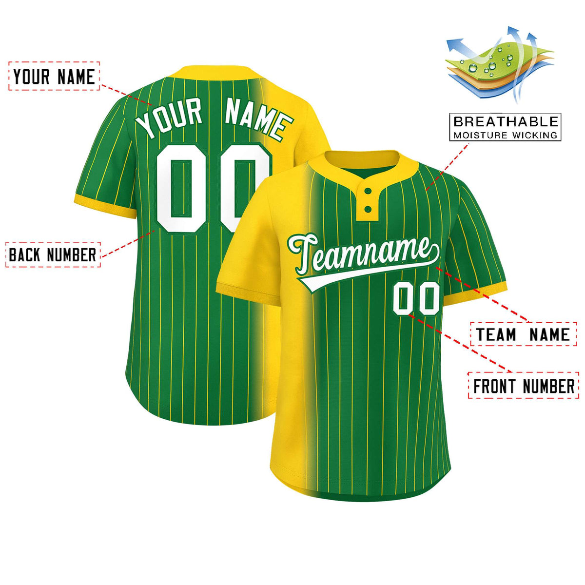 Custom Gold Kelly Green Gradient Stripe Fashion Authentic Two-Button Softball Jersey Limited