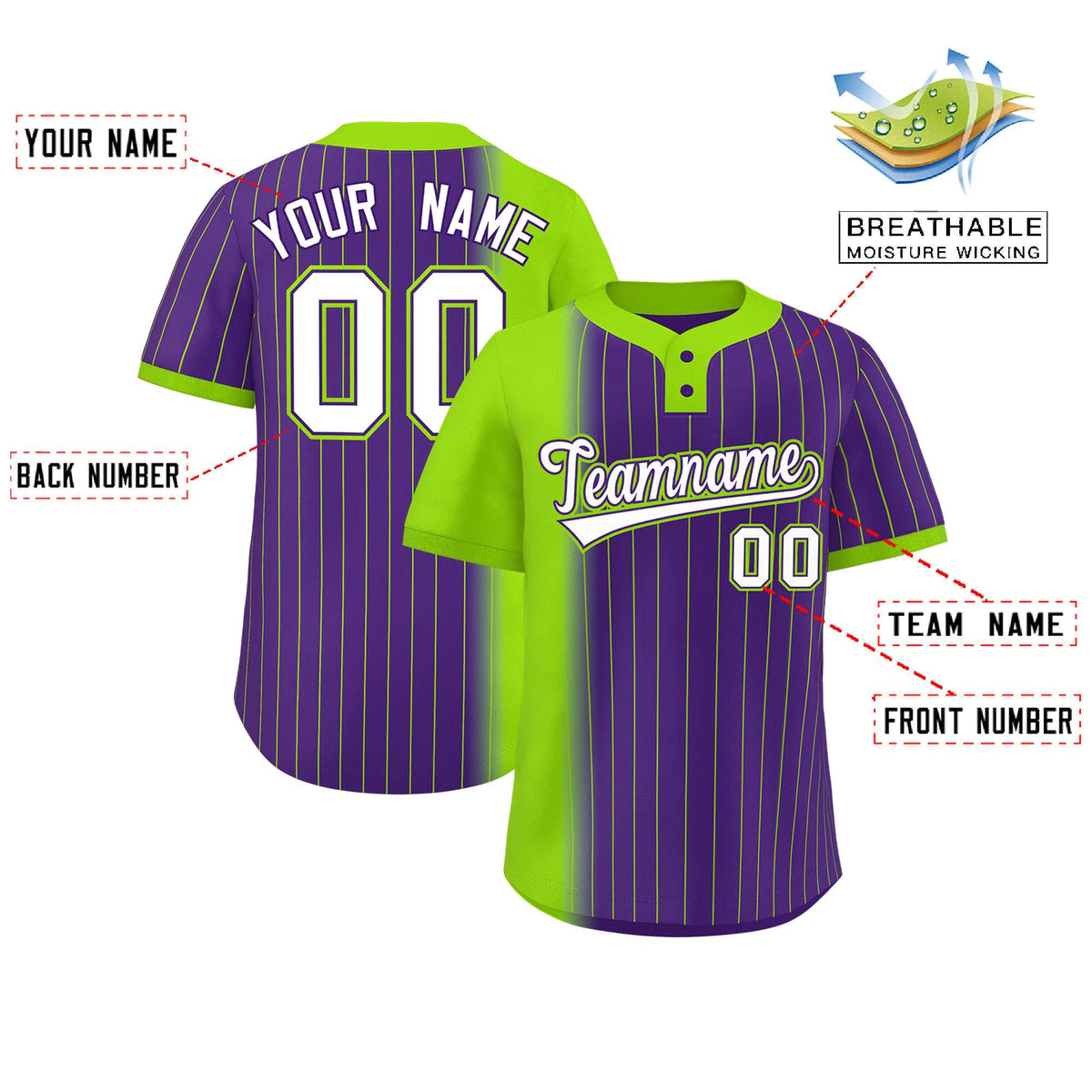 Custom Neon Green Purple Gradient Stripe Fashion Authentic Two-Button Softball Jersey Limited