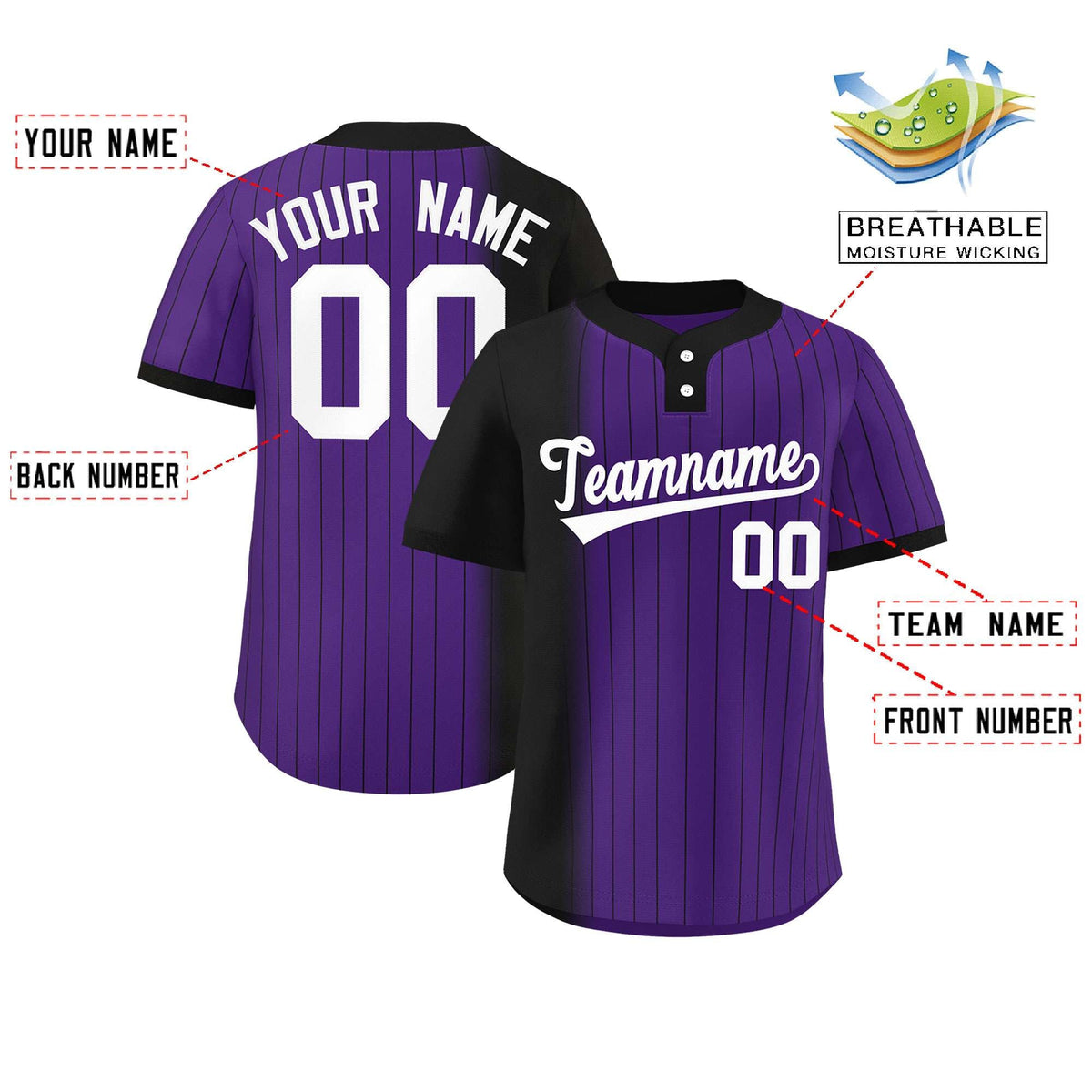 Custom Black Purple Gradient Stripe Fashion Authentic Two-Button Softball Jersey Limited