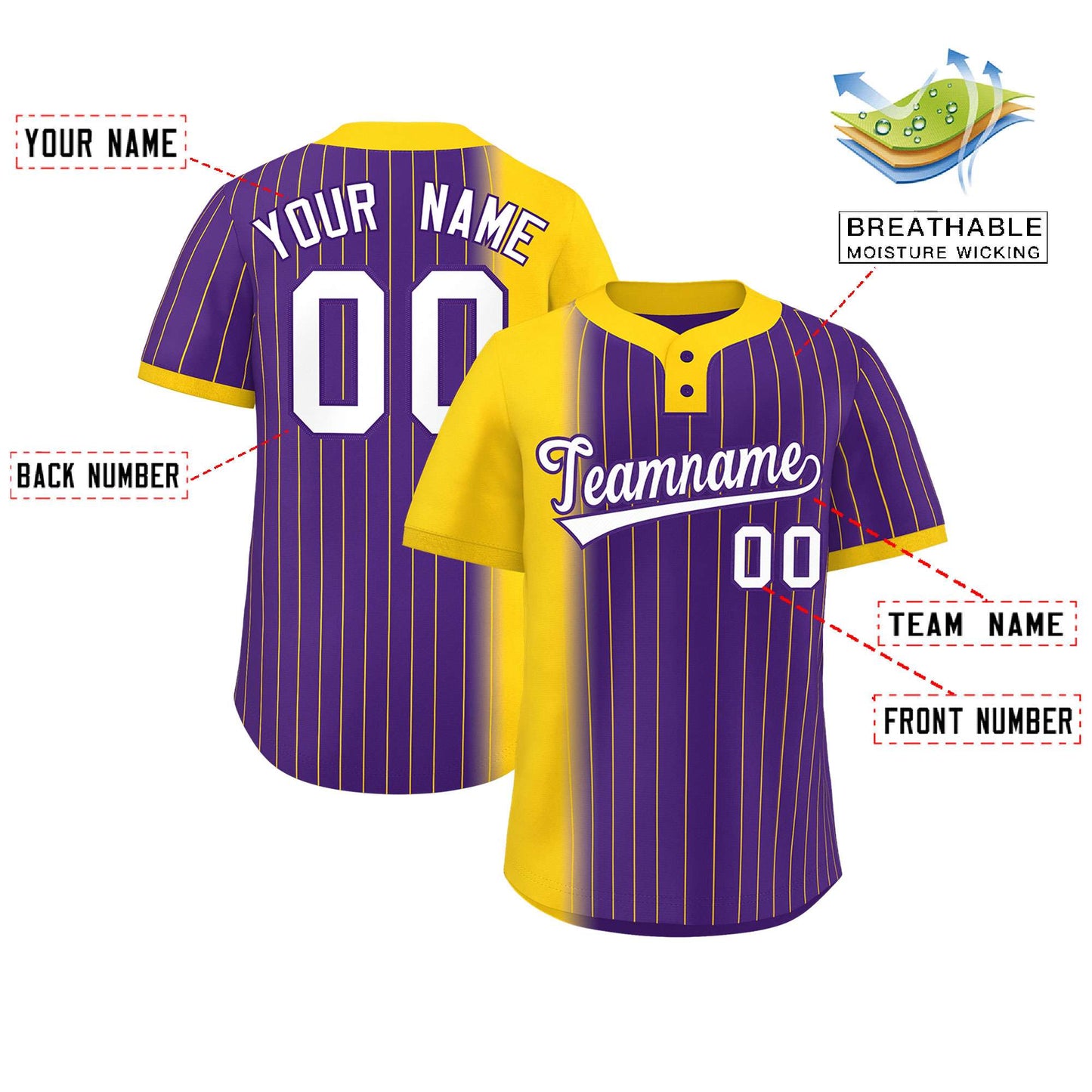 Custom Gold Purple Gradient Stripe Fashion Authentic Two-Button Softball Jersey Limited