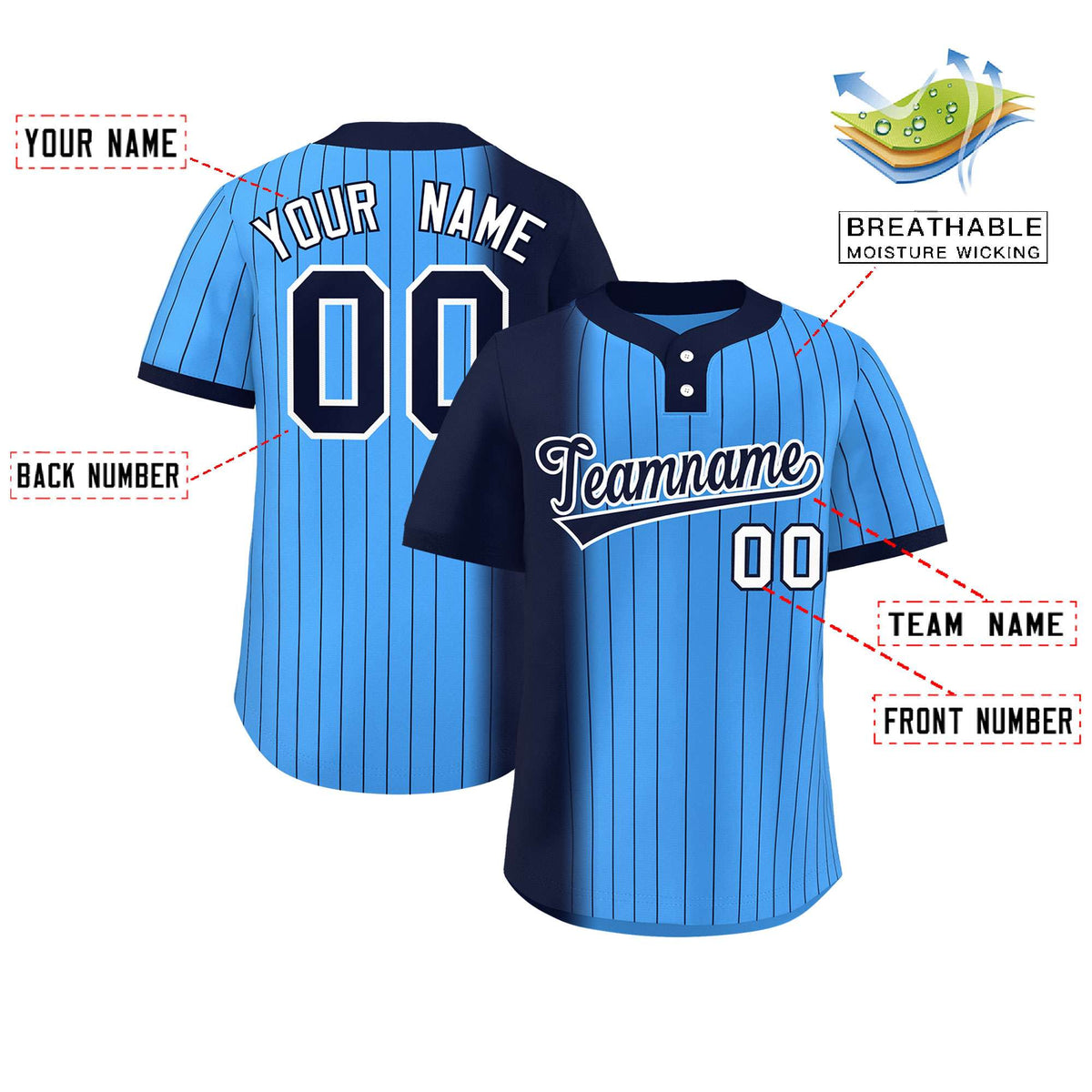Custom Navy Powder Blue Gradient Stripe Fashion Authentic Two-Button Softball Jersey Limited