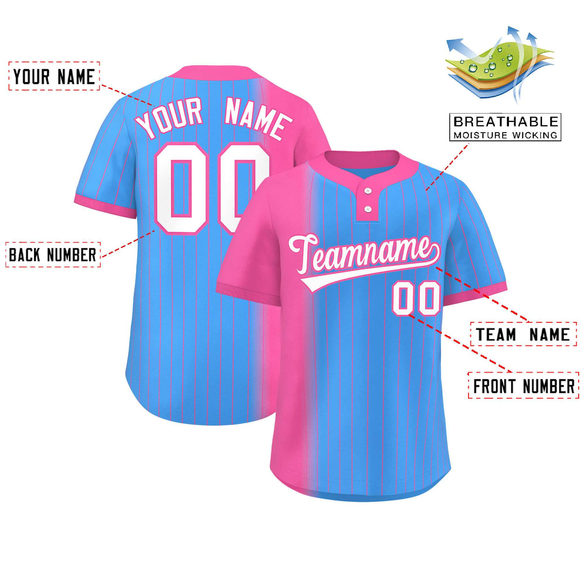 Custom Pink Powder Blue Gradient Stripe Fashion Authentic Two-Button Softball Jersey Limited