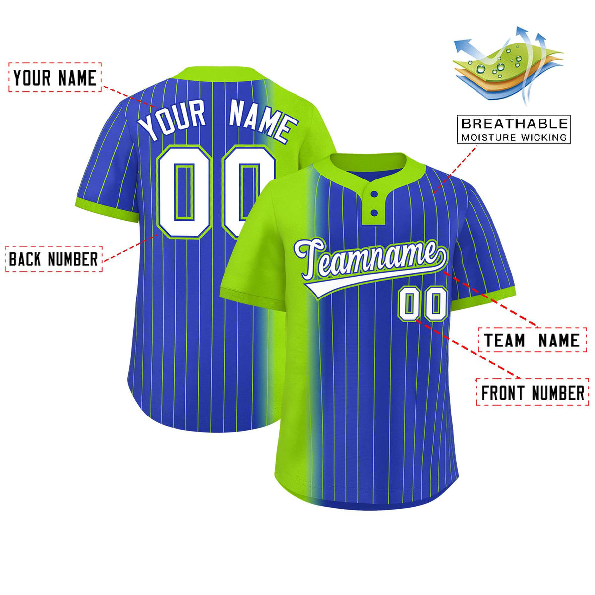 Custom Neon Green Royal Gradient Stripe Fashion Authentic Two-Button Softball Jersey Limited