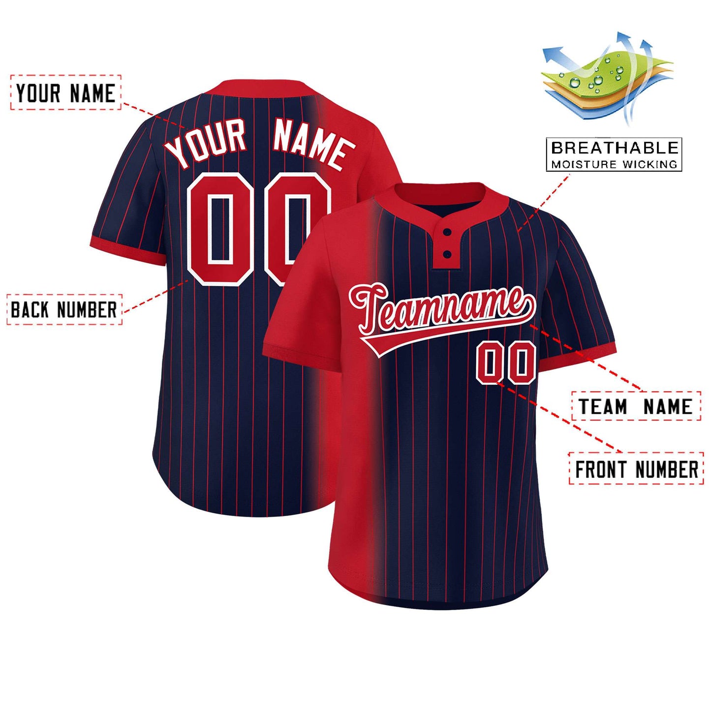 Custom Red Navy Gradient Stripe Fashion Authentic Two-Button Softball Jersey Limited