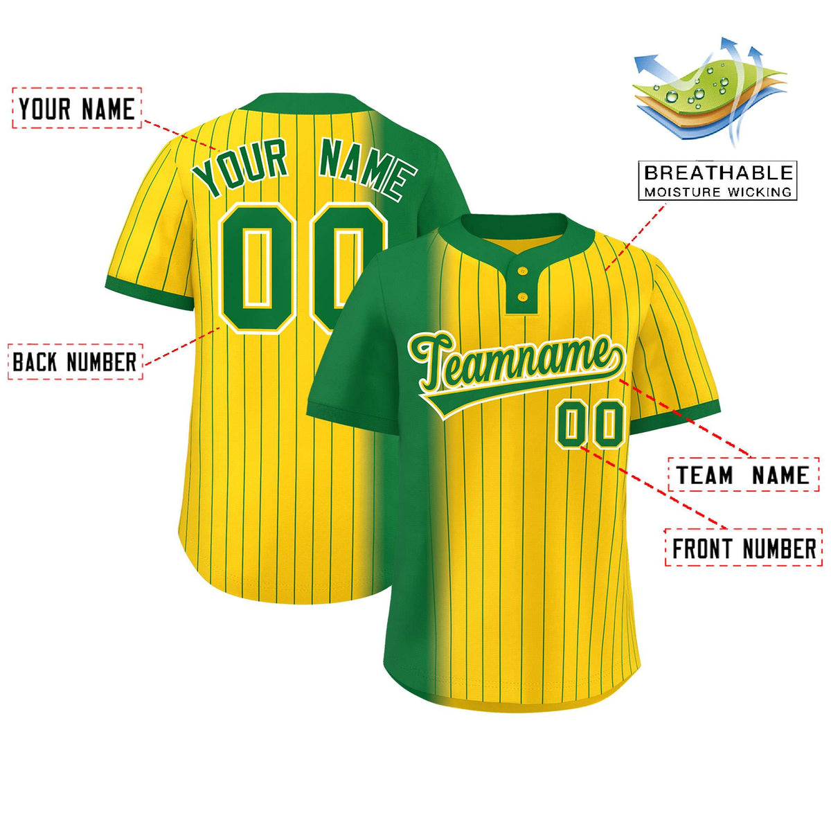 Custom Kelly Green Gold Gradient Stripe Fashion Authentic Two-Button Softball Jersey Limited