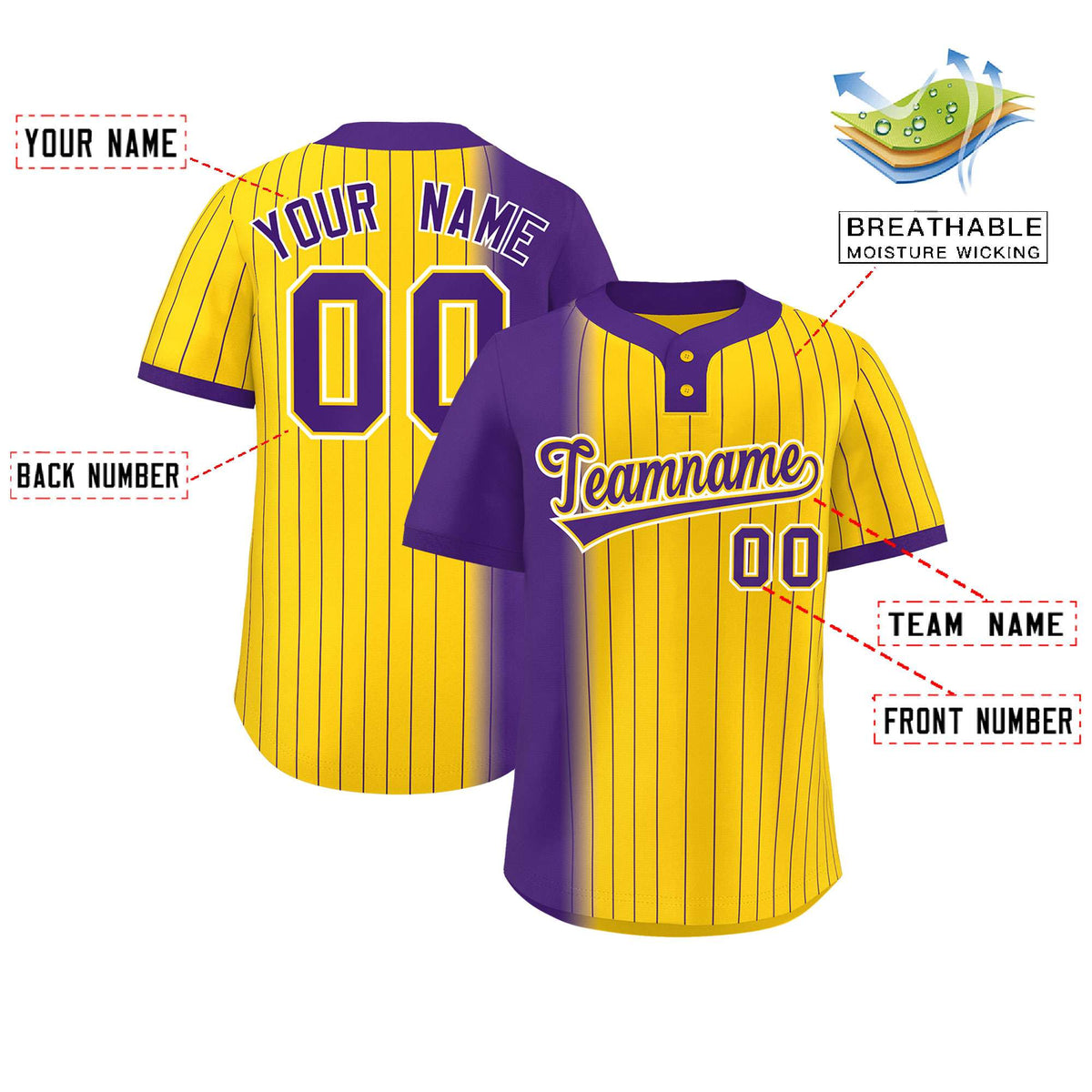 Custom Purple Gold Gradient Stripe Fashion Authentic Two-Button Softball Jersey Limited