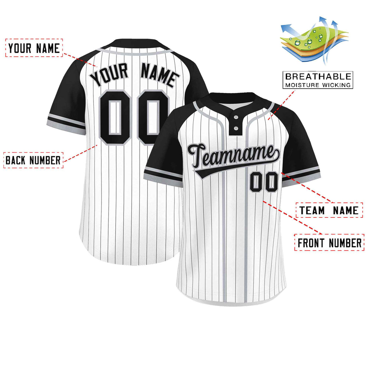 Custom White Black-Gray Stripe Fashion Raglan Sleeves Authentic Two-Button Softball Jersey Limited