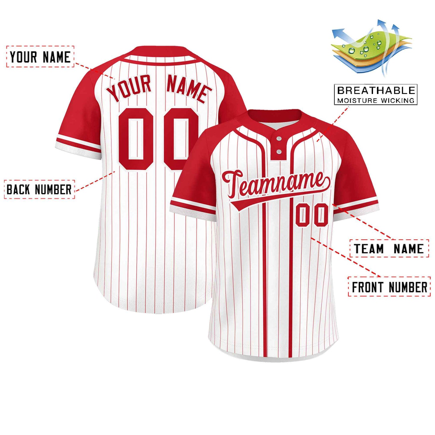 Custom White Red Stripe Fashion Raglan Sleeves Authentic Two-Button Softball Jersey Limited
