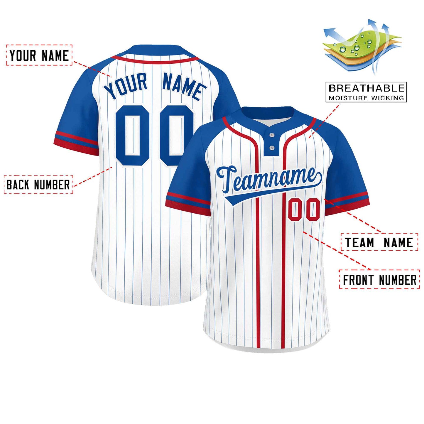 Custom White Royal-Red Stripe Fashion Raglan Sleeves Authentic Two-Button Softball Jersey Limited
