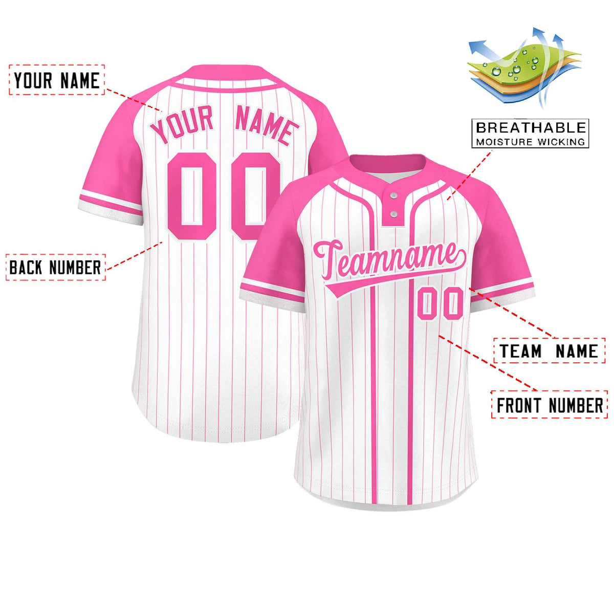 Custom White Pink Stripe Fashion Raglan Sleeves Authentic Two-Button Softball Jersey Limited