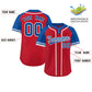Custom Red Royal-White Stripe Fashion Raglan Sleeves Authentic Two-Button Softball Jersey Limited