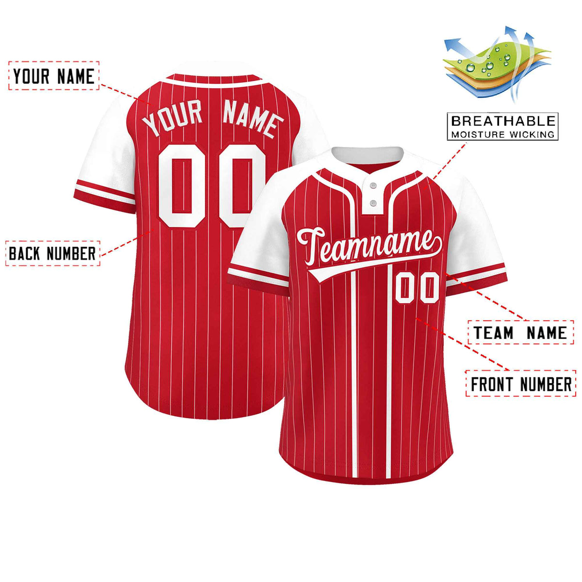 Custom Red White Stripe Fashion Raglan Sleeves Authentic Two-Button Softball Jersey Limited