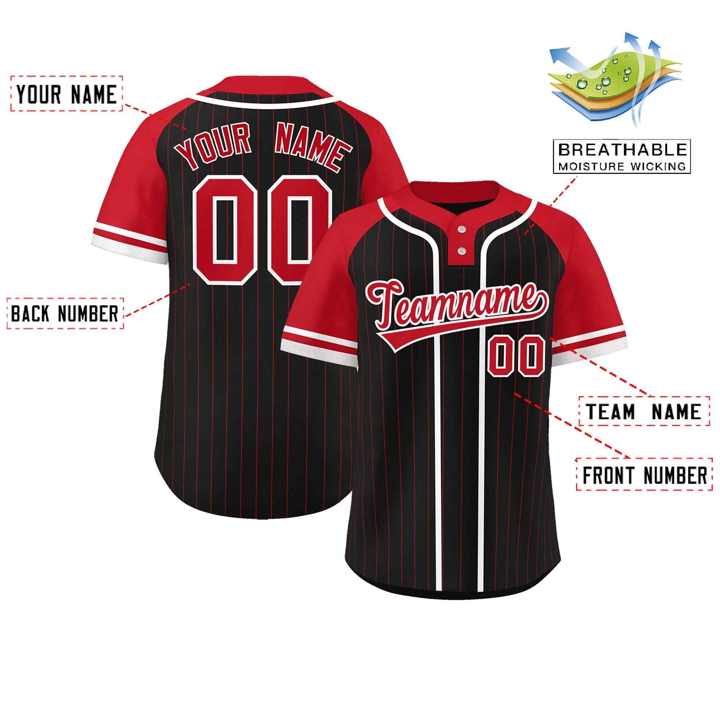 Custom Black Red-White Stripe Fashion Raglan Sleeves Authentic Two-Button Softball Jersey Limited