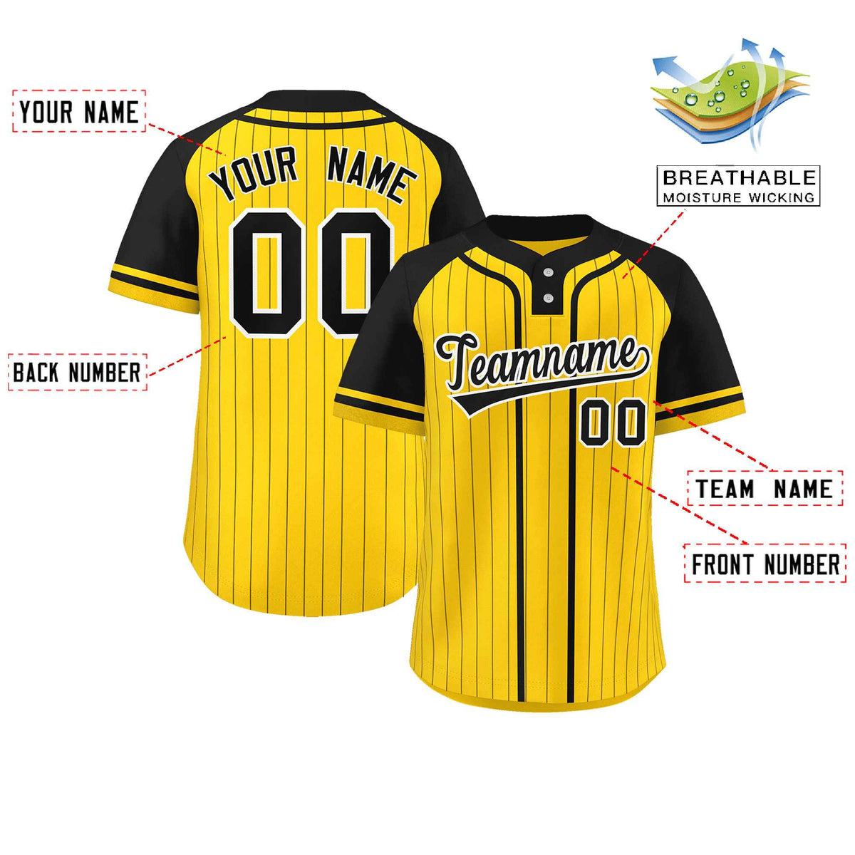 Custom Gold Black Stripe Fashion Raglan Sleeves Authentic Two-Button Softball Jersey Limited