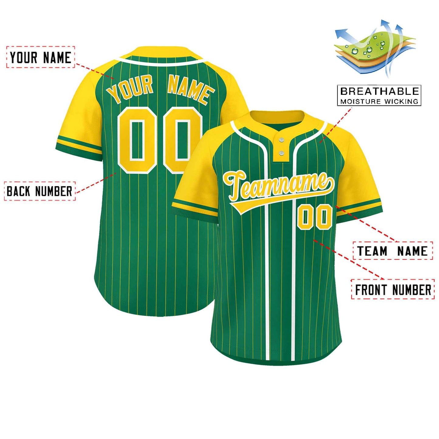 Custom Kelly Green Gold-White Stripe Fashion Raglan Sleeves Authentic Two-Button Softball Jersey Limited