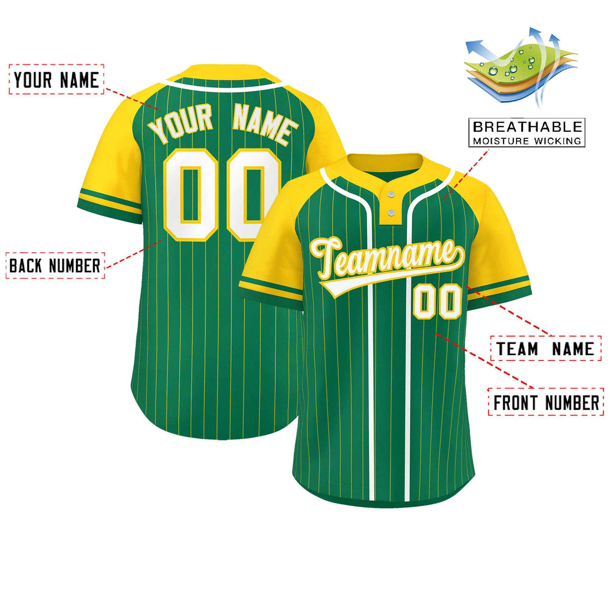 Custom Kelly Green Gold-White Stripe Fashion Raglan Sleeves Authentic Two-Button Softball Jersey Limited