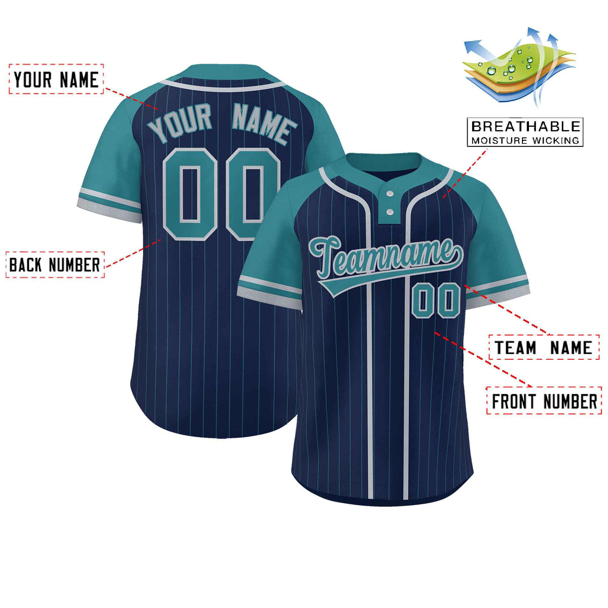 Custom Navy Aqua-Gray Stripe Fashion Raglan Sleeves Authentic Two-Button Softball Jersey Limited