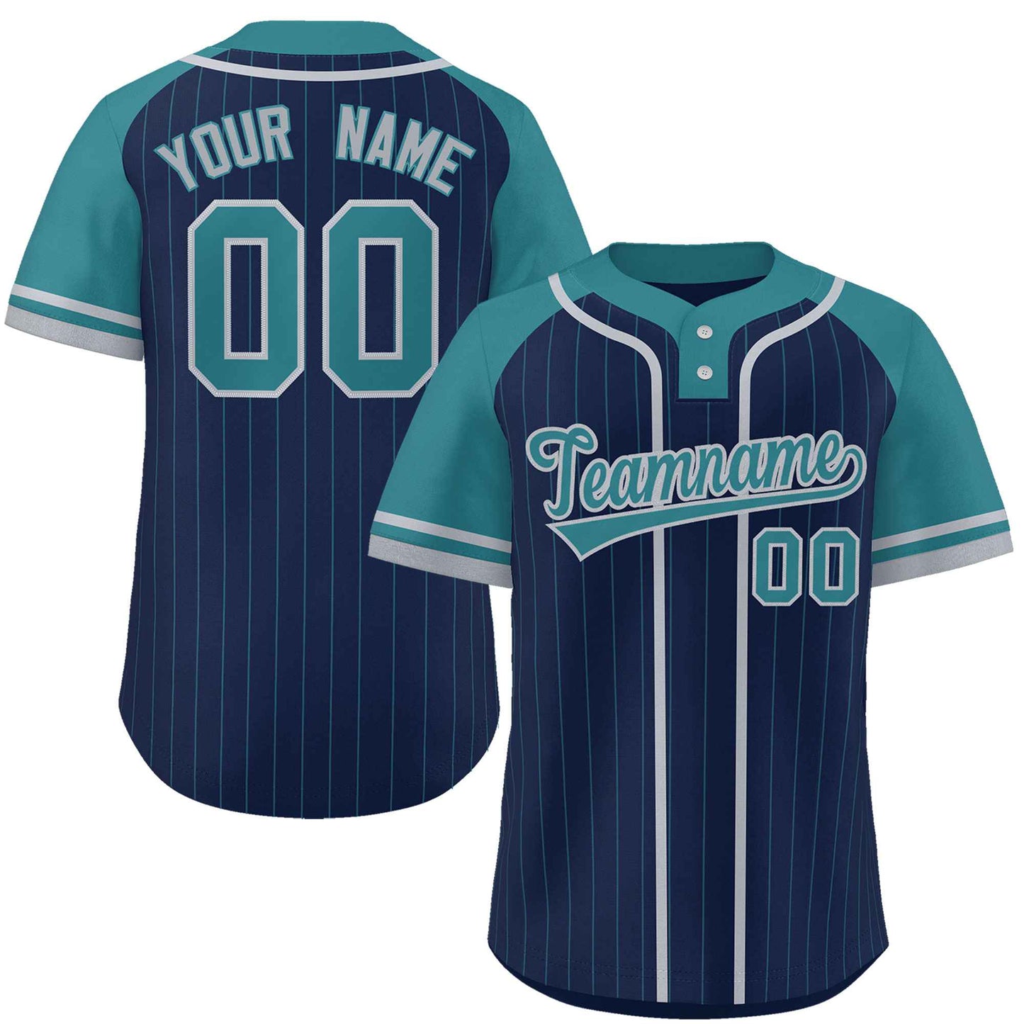 Custom Navy Aqua-Gray Stripe Fashion Raglan Sleeves Authentic Two-Button Softball Jersey