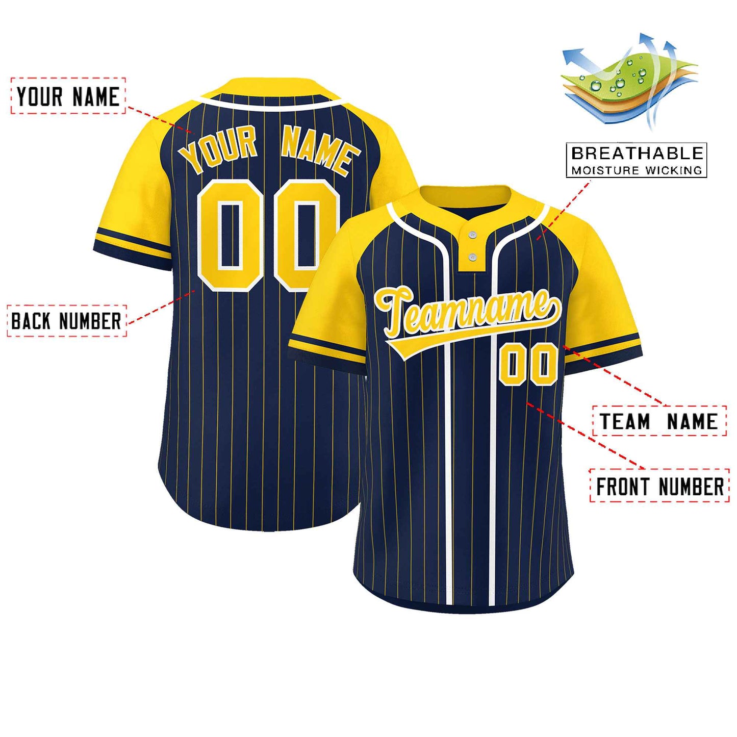 Custom Navy Gold-White Stripe Fashion Raglan Sleeves Authentic Two-Button Softball Jersey Limited