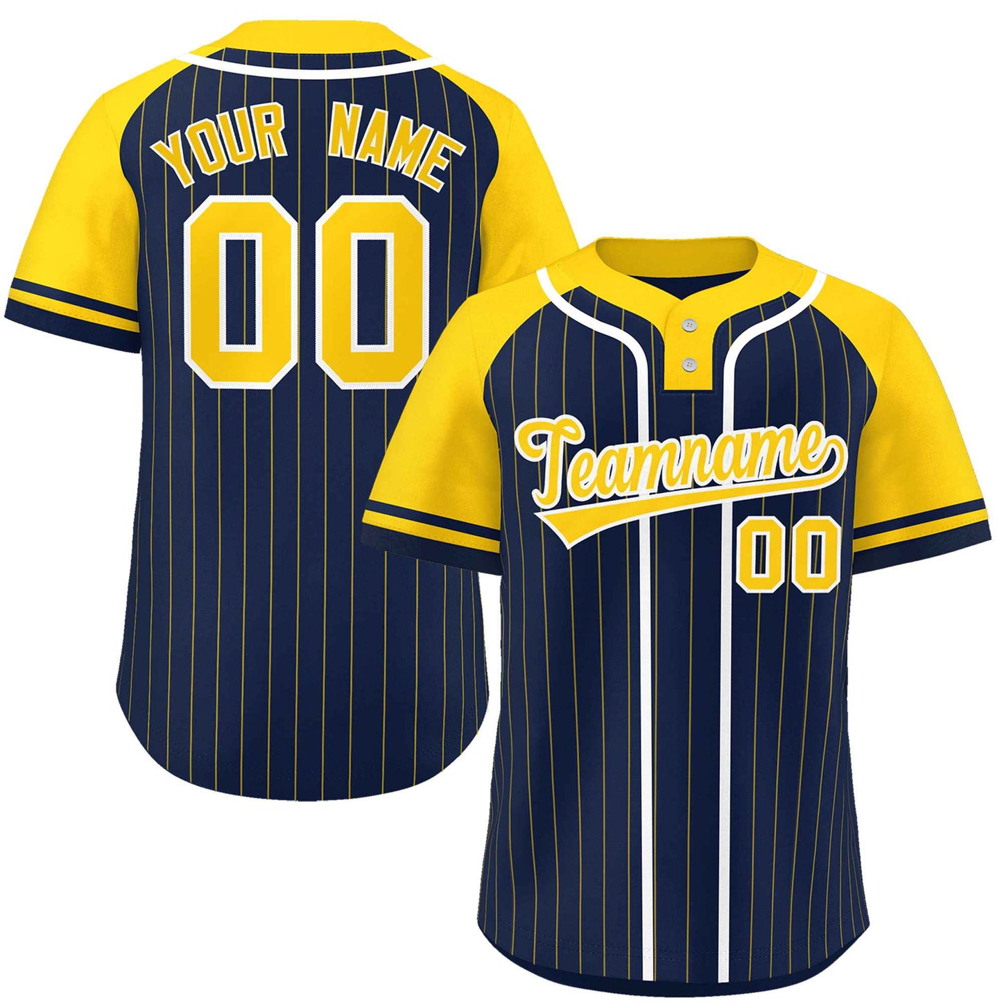Custom Navy Gold-White Stripe Fashion Raglan Sleeves Authentic Two-Button Softball Jersey
