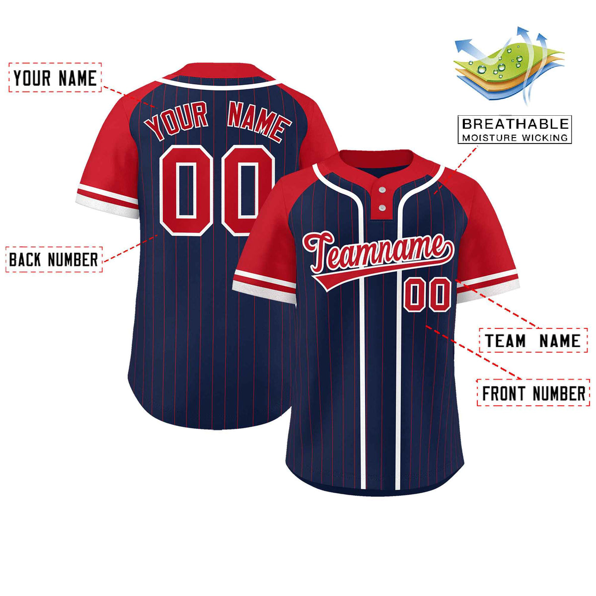 Custom Navy Red-White Stripe Fashion Raglan Sleeves Authentic Two-Button Softball Jersey Limited