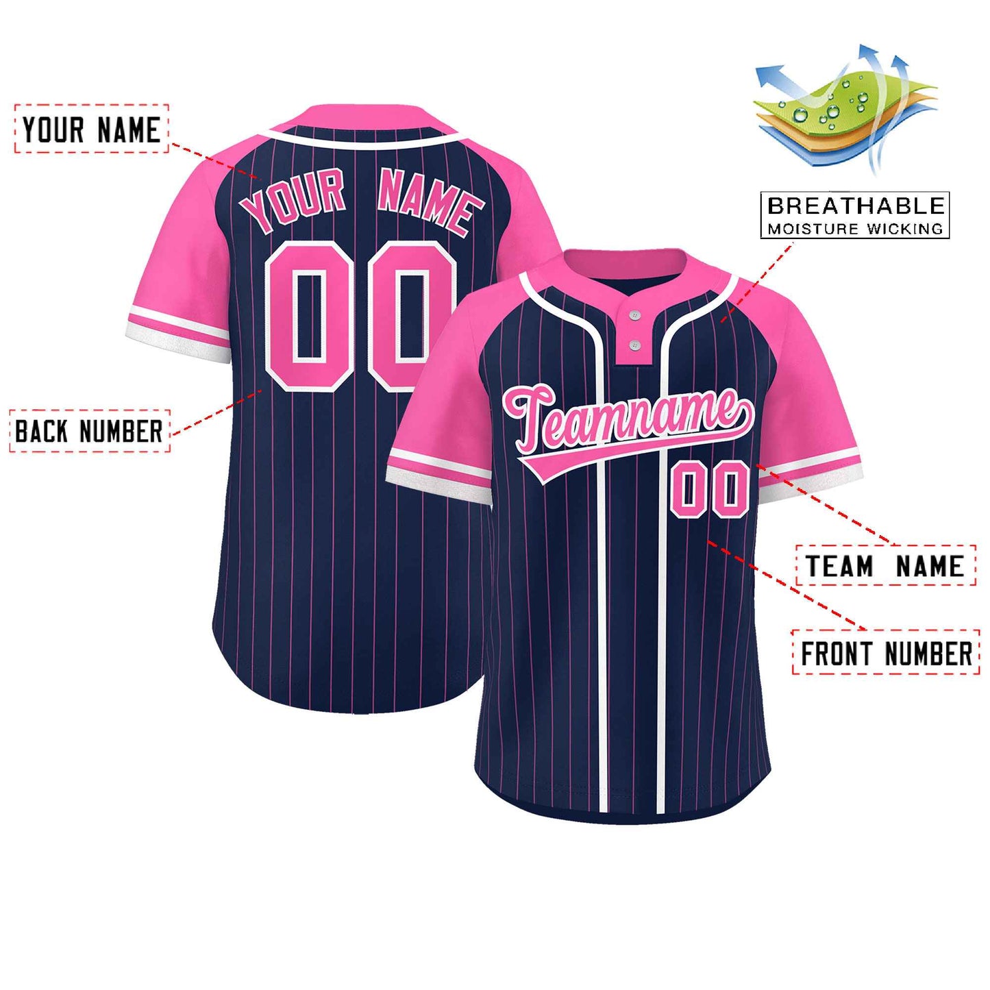 Custom Navy Pink-White Stripe Fashion Raglan Sleeves Authentic Two-Button Softball Jersey Limited