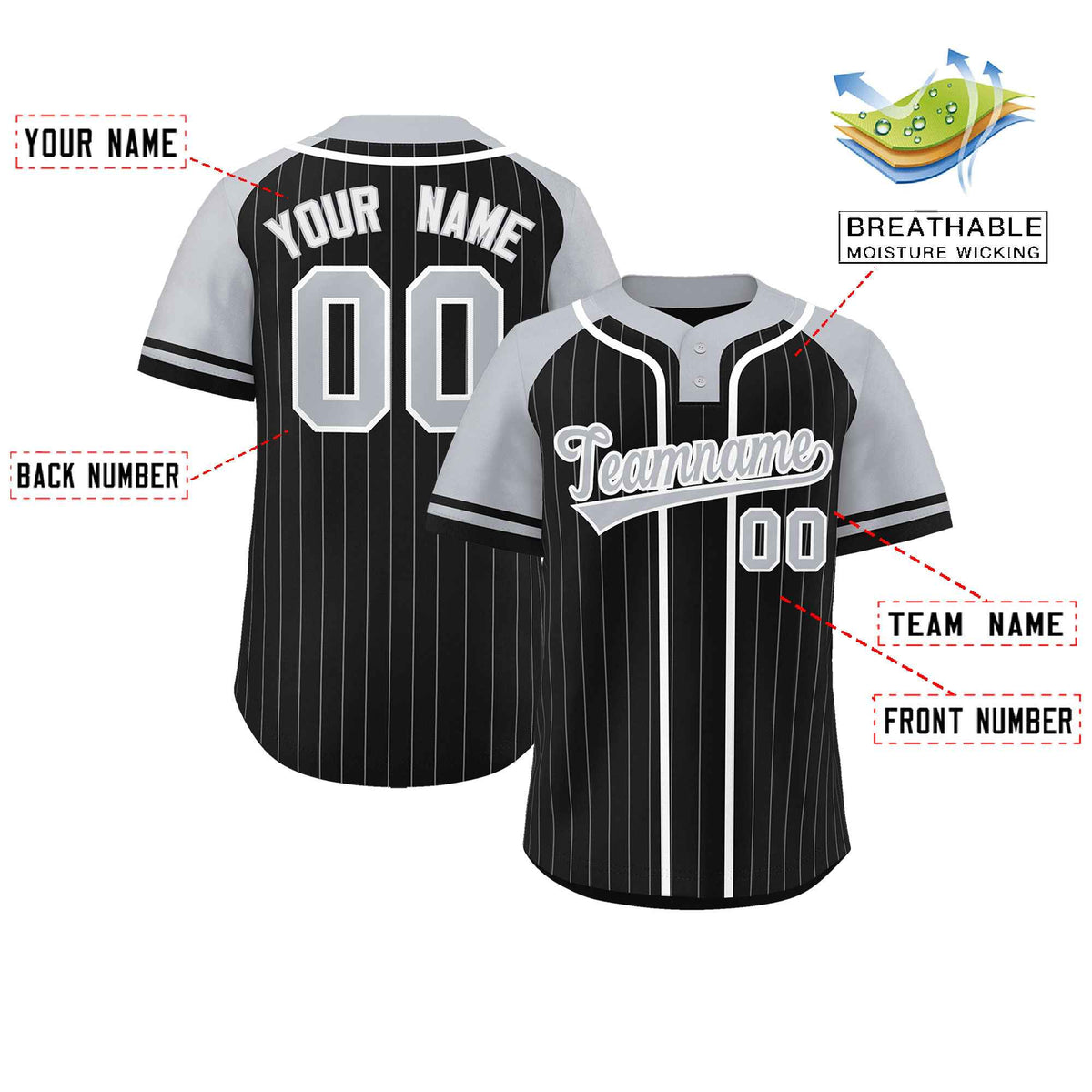 Custom Black Gray-White Stripe Fashion Raglan Sleeves Authentic Two-Button Softball Jersey Limited