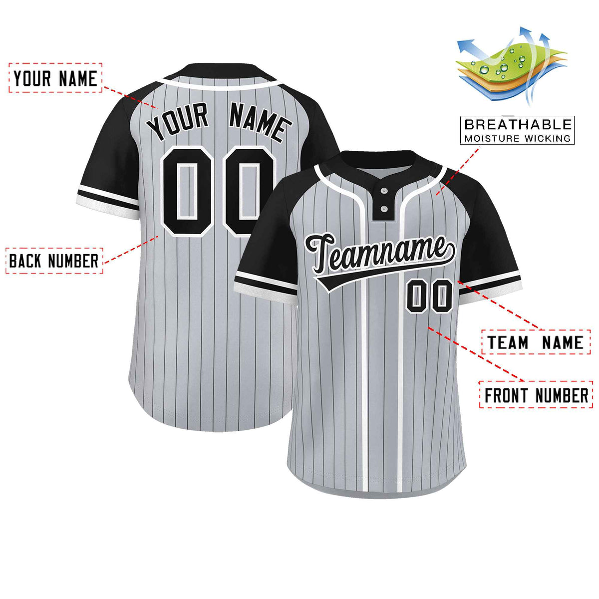 Custom Gray Black-White Stripe Fashion Raglan Sleeves Authentic Two-Button Softball Jersey Limited