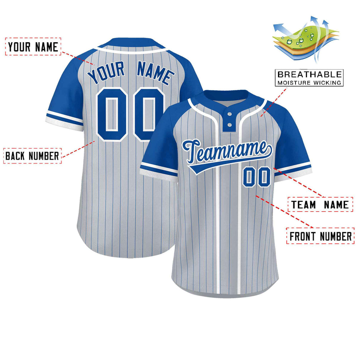 Custom Gray Royal-White Stripe Fashion Raglan Sleeves Authentic Two-Button Softball Jersey Limited