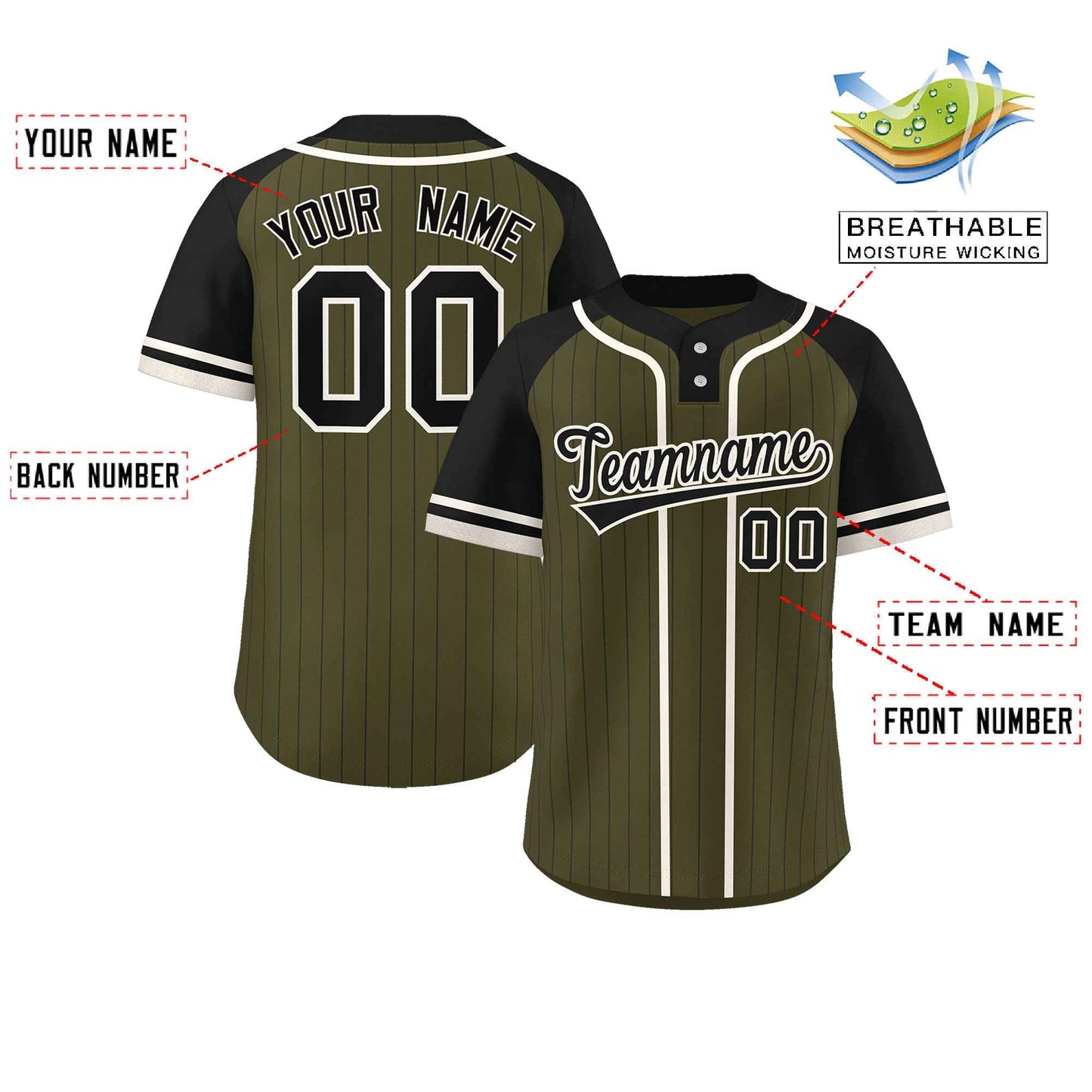 Custom Olive Black-Cream Stripe Fashion Raglan Sleeves Authentic Two-Button Softball Jersey Limited