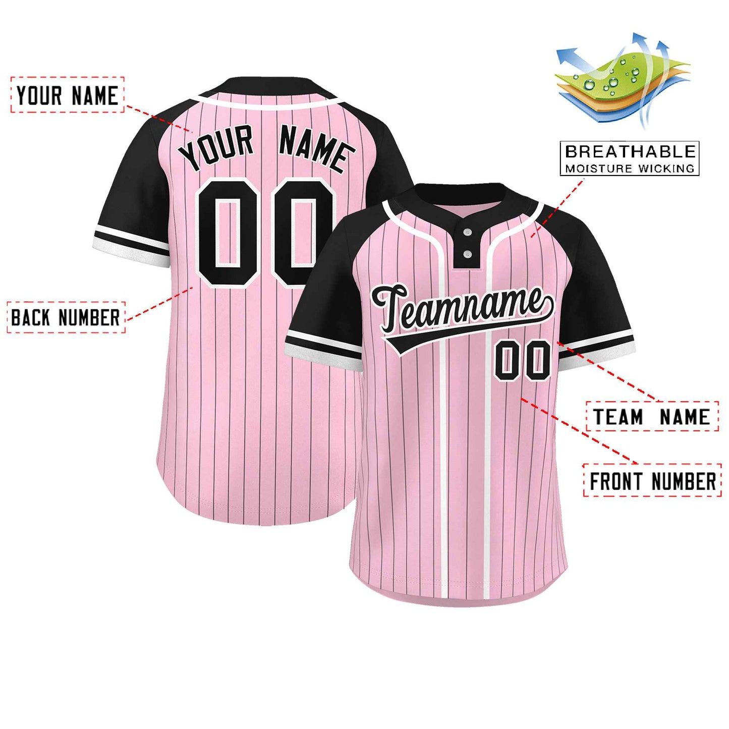 Custom Light Pink Black-White Stripe Fashion Raglan Sleeves Authentic Two-Button Softball Jersey Limited