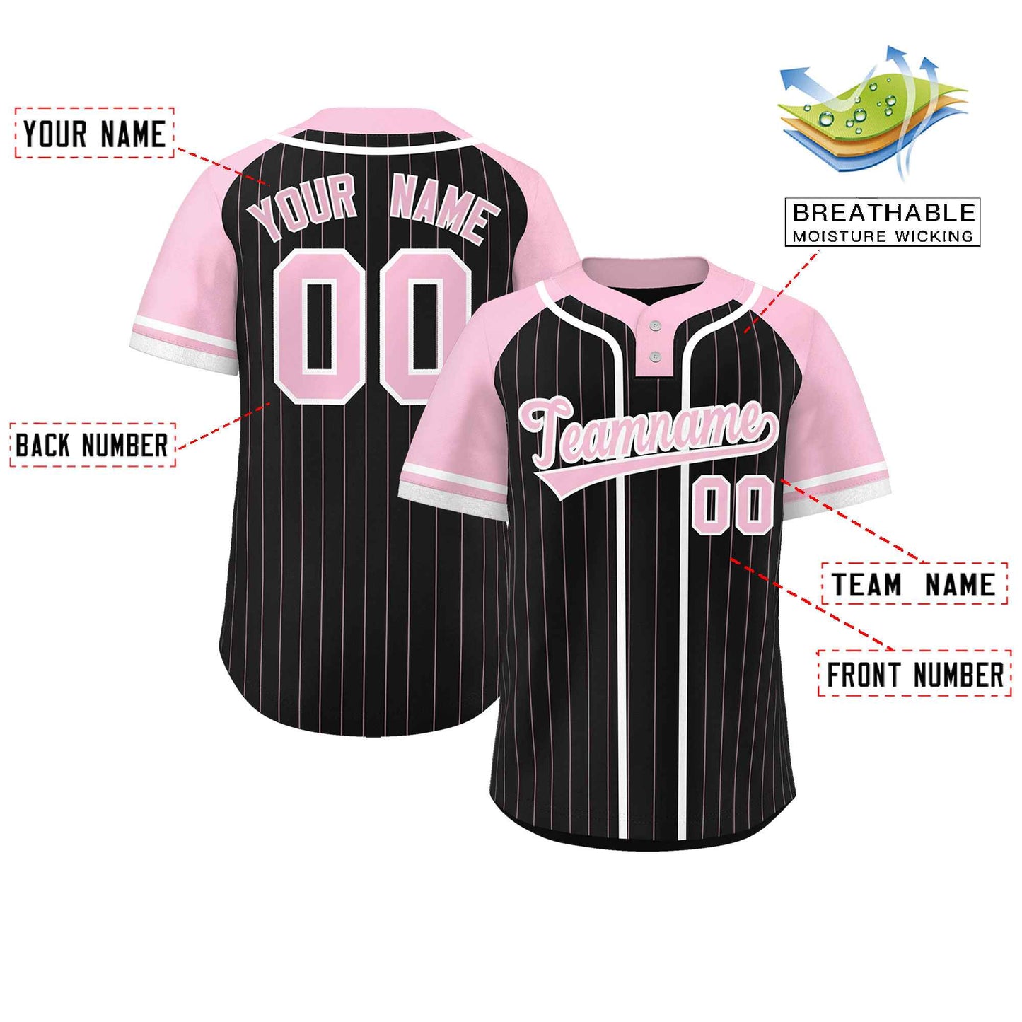Custom Black Light Pink-White Stripe Fashion Raglan Sleeves Authentic Two-Button Softball Jersey Limited
