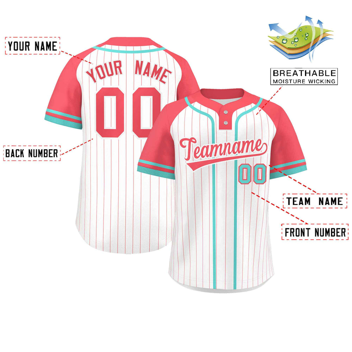 Custom White Light Red-Aqua Stripe Fashion Raglan Sleeves Authentic Two-Button Softball Jersey Limited