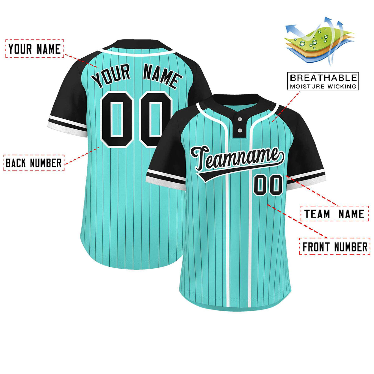 Custom Aqua Black-White Stripe Fashion Raglan Sleeves Authentic Two-Button Softball Jersey Limited
