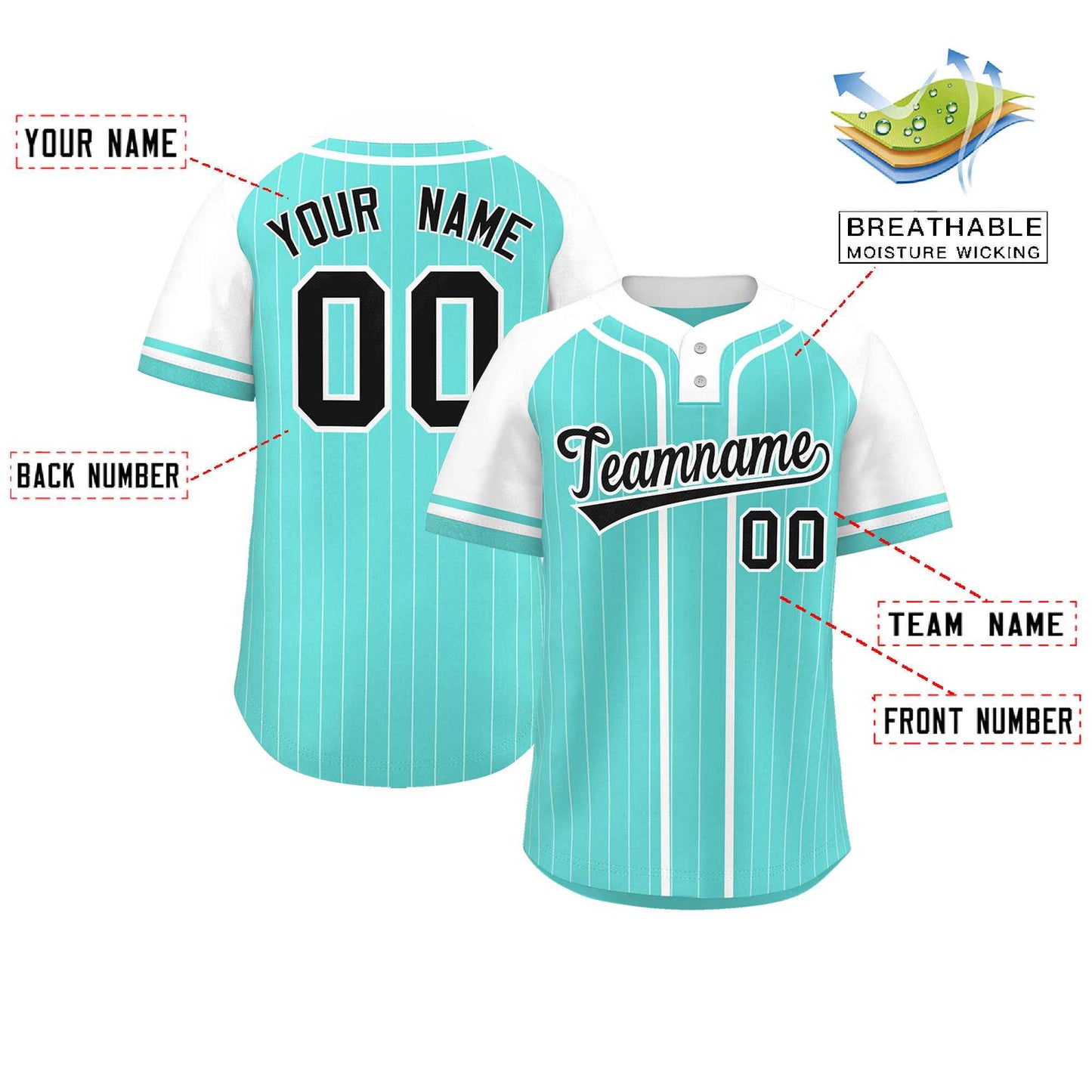 Custom Aqua White Stripe Fashion Raglan Sleeves Authentic Two-Button Softball Jersey Limited