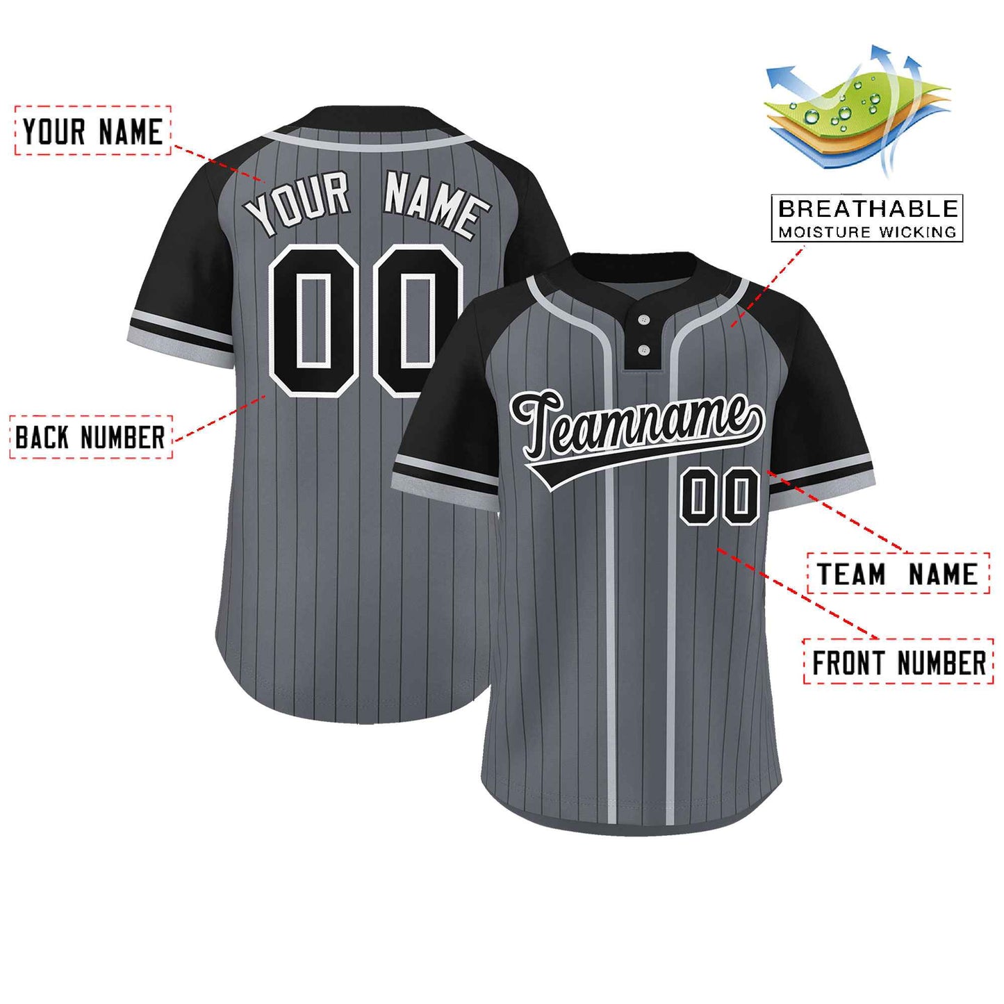 Custom Dark Gray Black-Gray Stripe Fashion Raglan Sleeves Authentic Two-Button Softball Jersey Limited