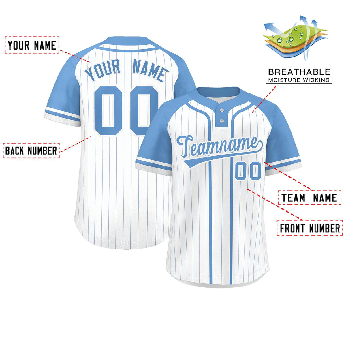 Custom White Light Blue Stripe Fashion Raglan Sleeves Authentic Two-Button Softball Jersey Limited