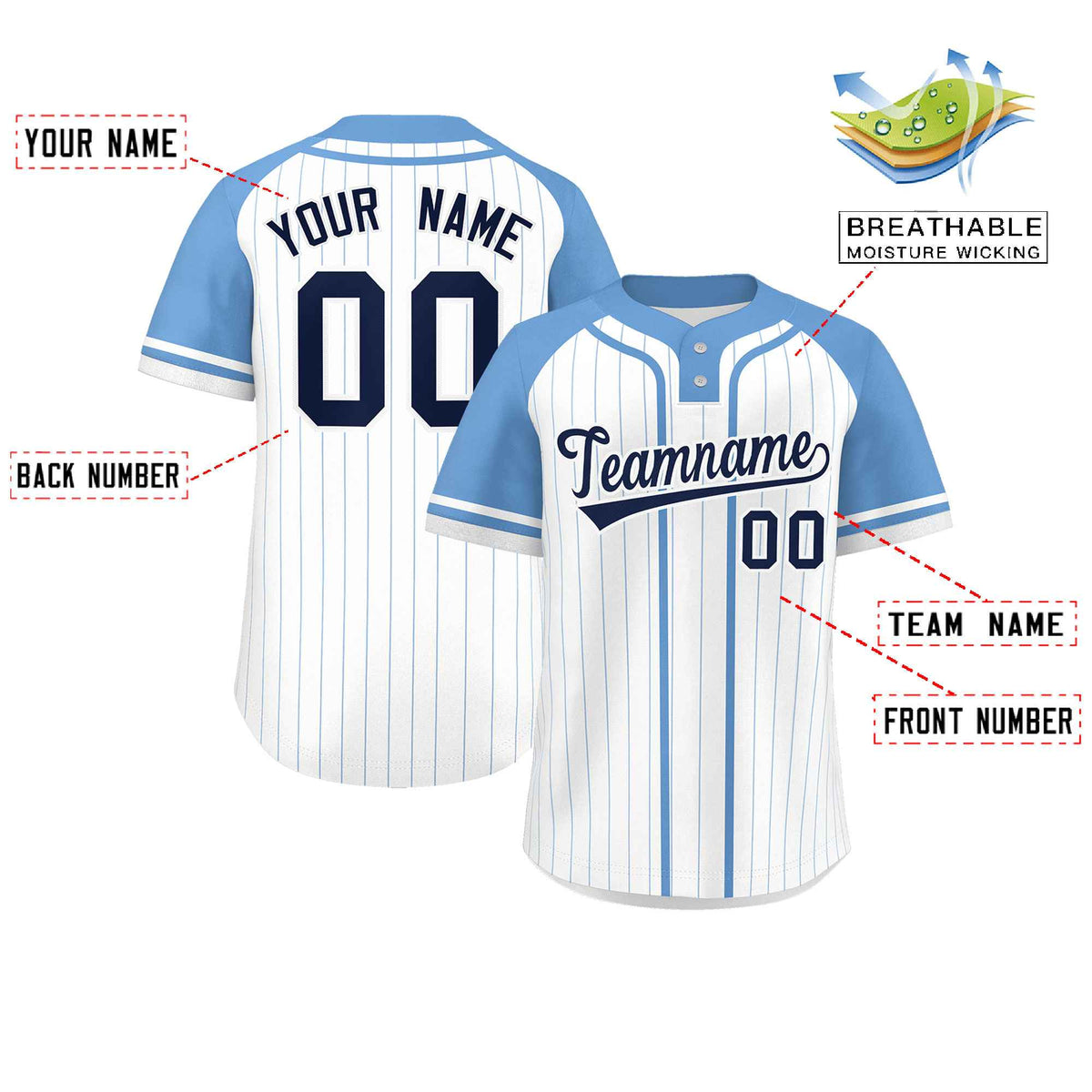 Custom White Light Blue Stripe Fashion Raglan Sleeves Authentic Two-Button Softball Jersey Limited