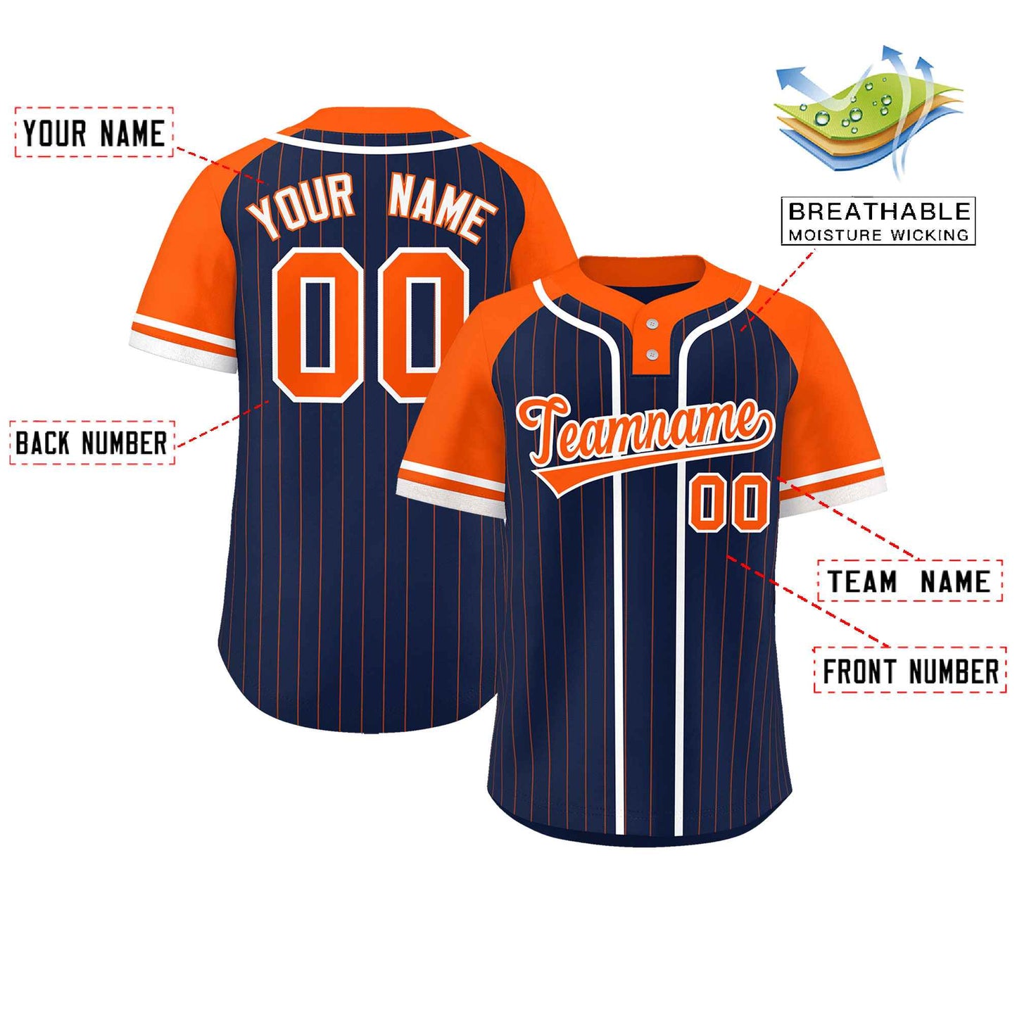 Custom Navy Orange-White Stripe Fashion Raglan Sleeves Authentic Two-Button Softball Jersey Limited