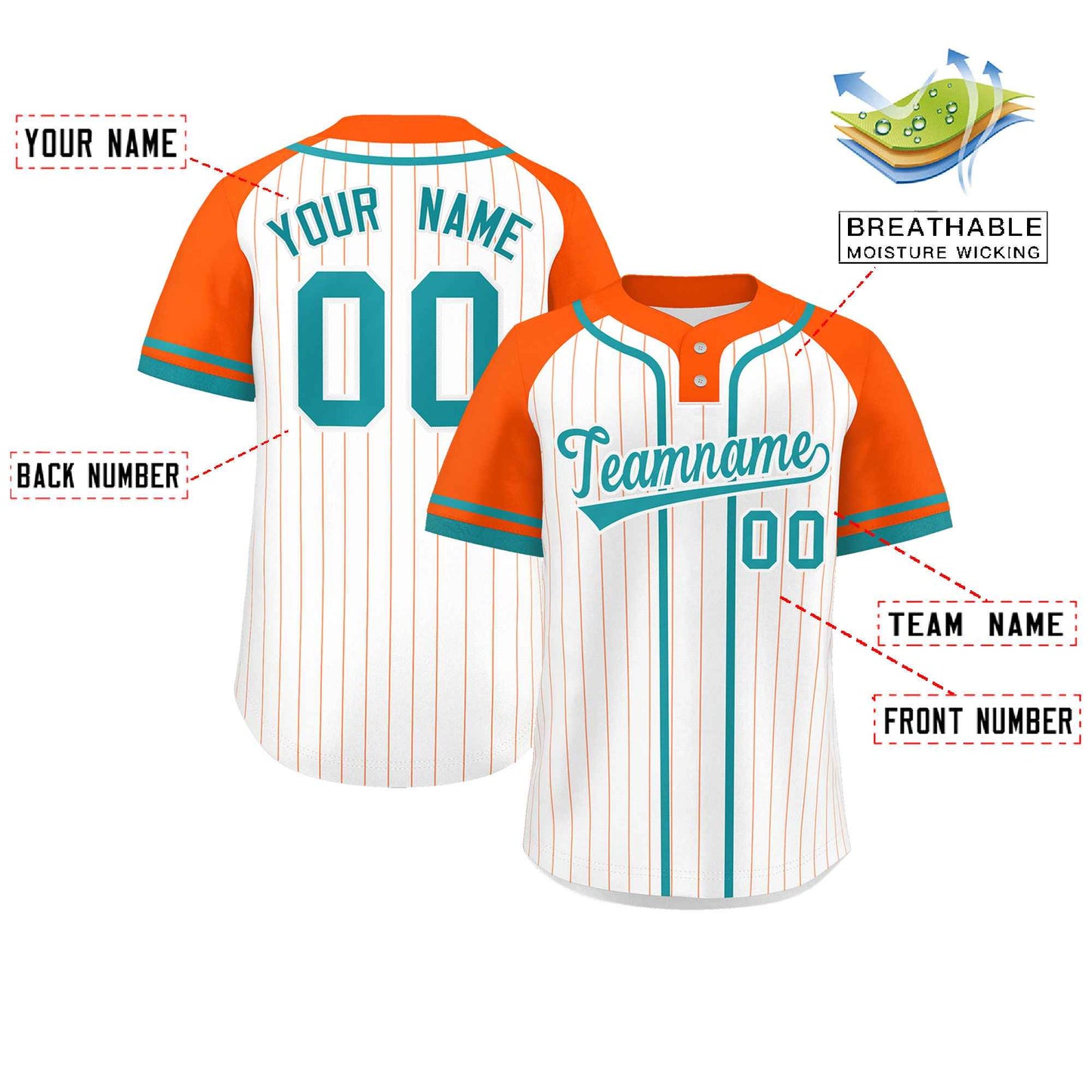 Custom White Orange-Aqua Stripe Fashion Raglan Sleeves Authentic Two-Button Softball Jersey Limited