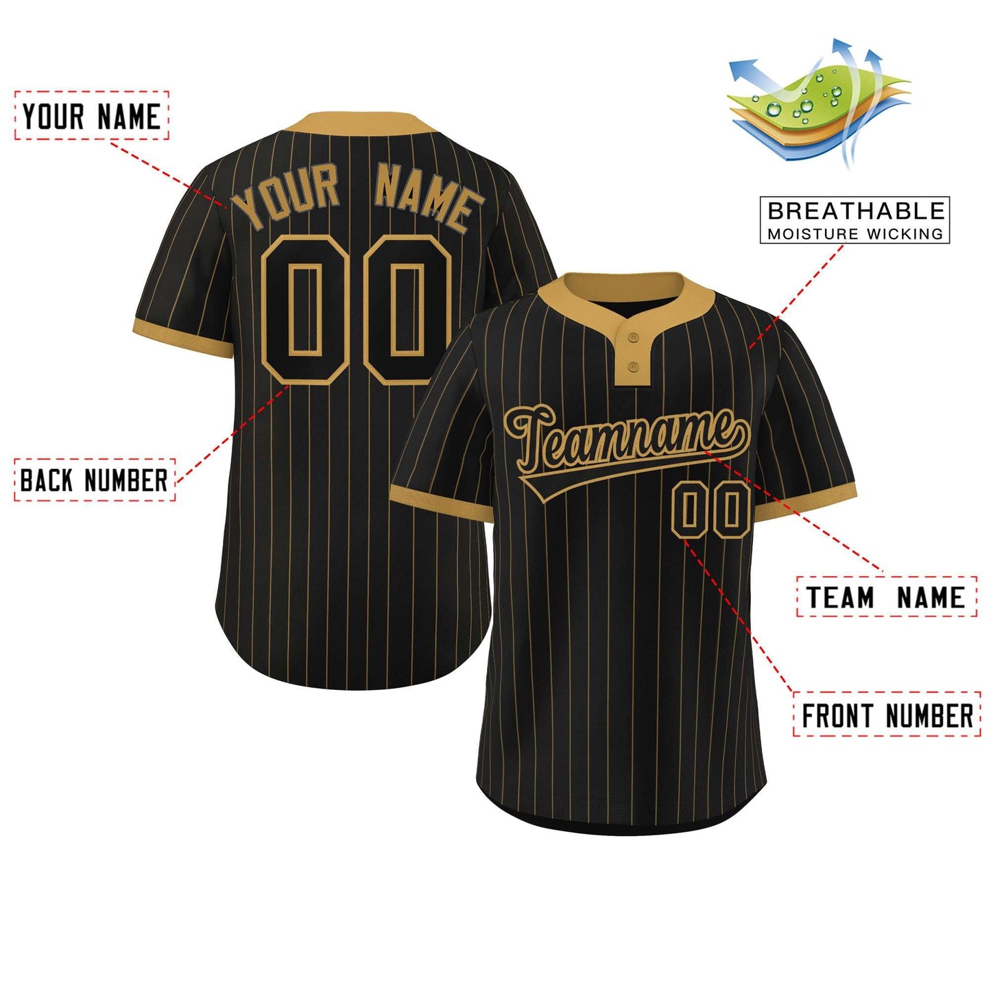 Custom Black Old Gold Stripe Fashion Authentic Two-Button Softball Jersey Limited