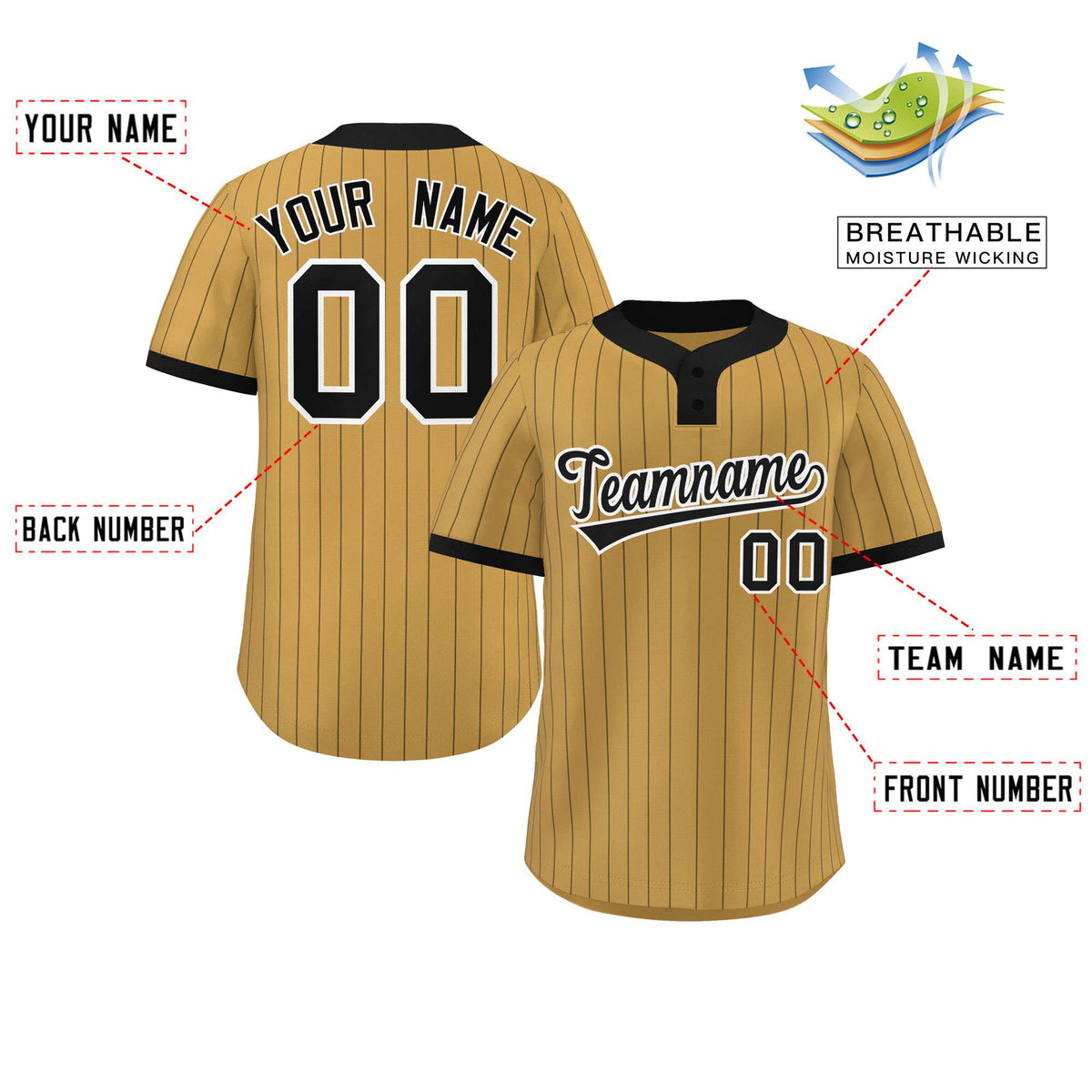 Custom Old Gold Black Stripe Fashion Authentic Two-Button Softball Jersey Limited