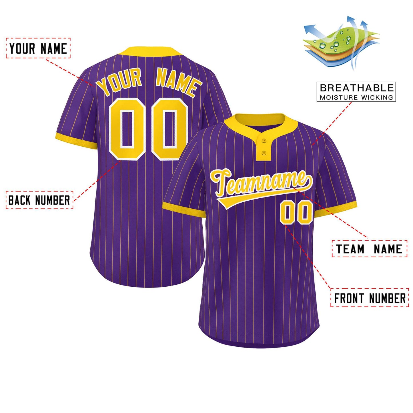 Custom Purple Gold Stripe Fashion Authentic Two-Button Softball Jersey Limited