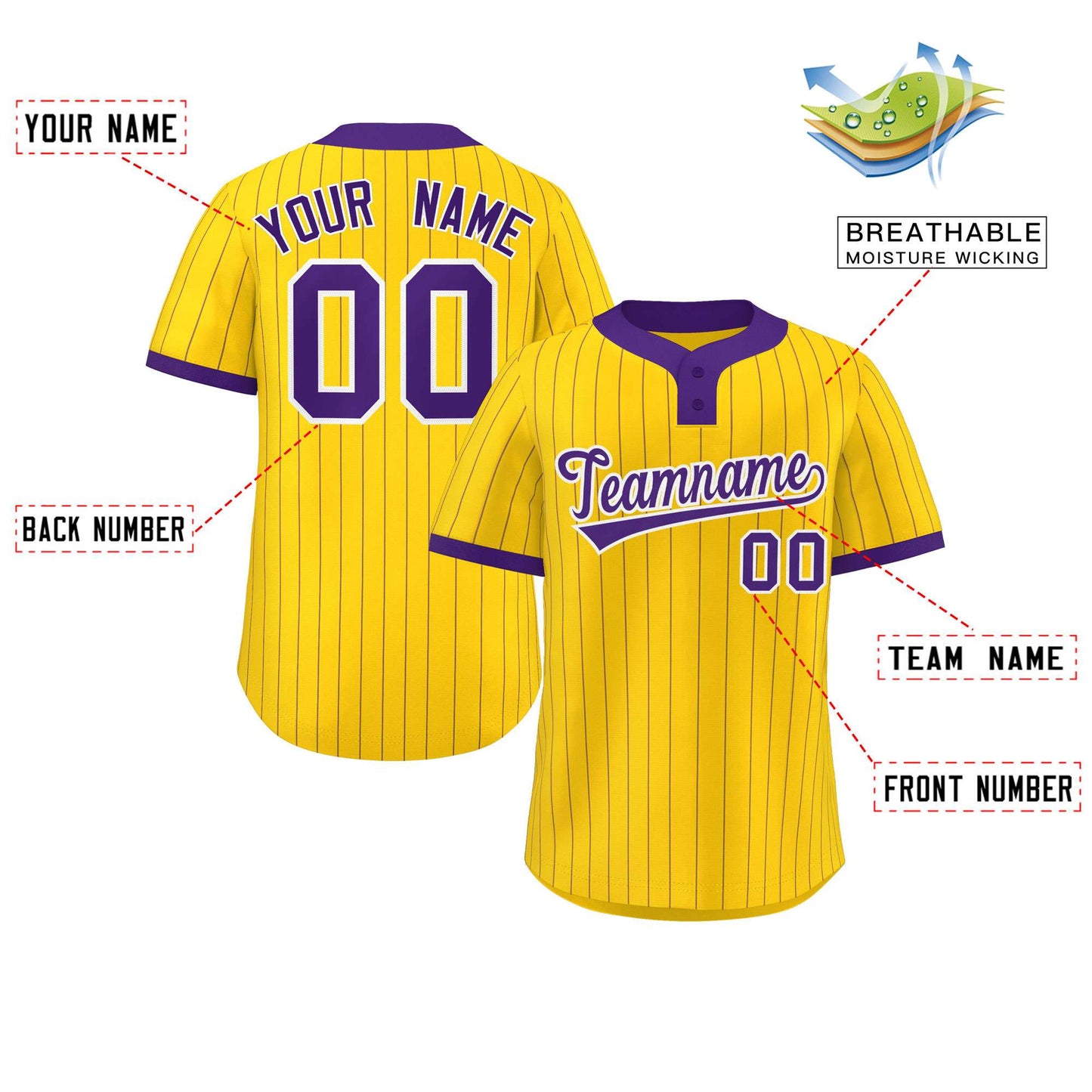 Custom Gold Purple Stripe Fashion Authentic Two-Button Softball Jersey Limited