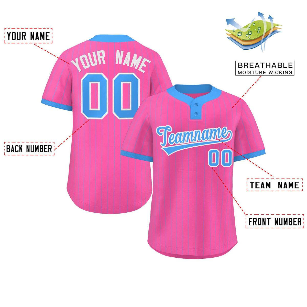 Custom Pink Powder Blue Stripe Fashion Authentic Two-Button Softball Jersey Limited