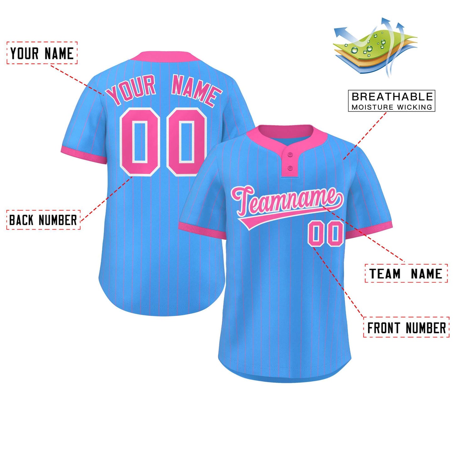 Custom Powder Blue Pink Stripe Fashion Authentic Two-Button Softball Jersey Limited